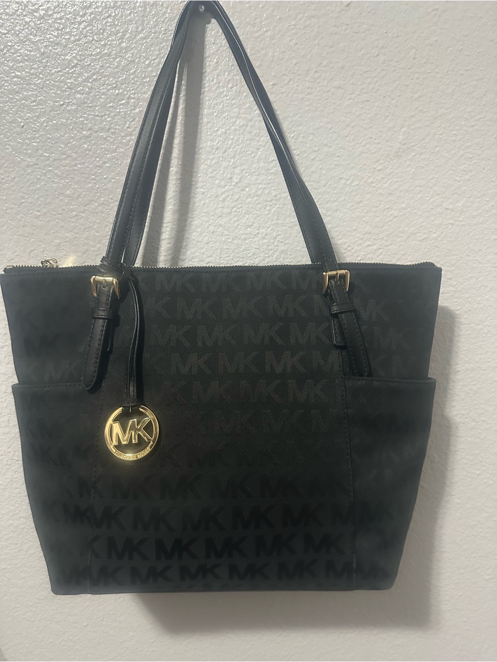 Michael Kors Black MK Monogram Tote with Gold Charm